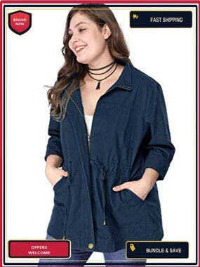 Women's Plus Size Anorak Jacket Casual Drawstring Utility Jacket 100% Cotton